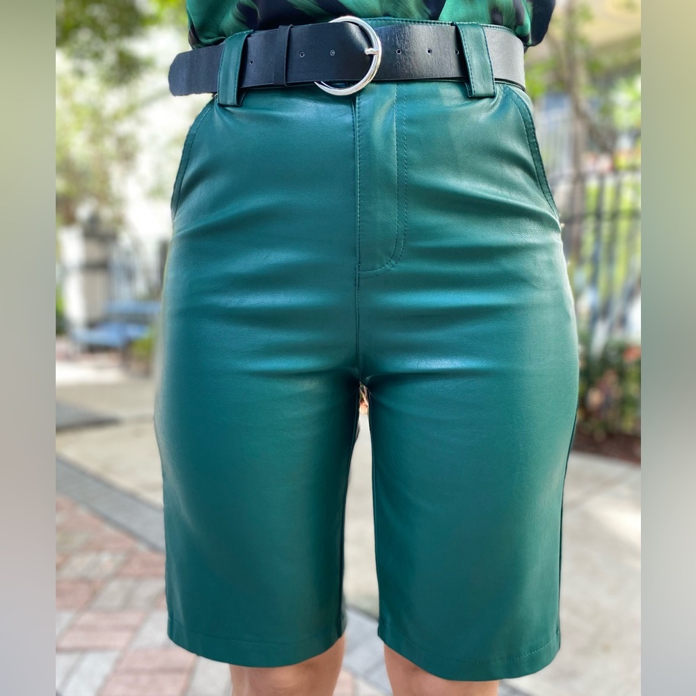 Chic Green Faux Leather Belted Shorts
